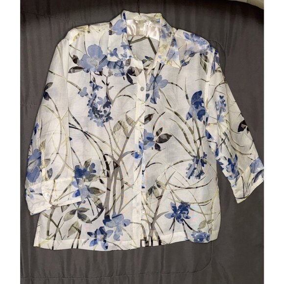 Notations Blouse Size MEDIUM Button Up Floral Linen Blend 3/4  Sleeve Sheer - Picture 1 of 11